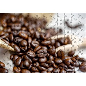 Keten Çuval Üzerinde Kahve Çekirdekleri Puzzle Yapboz Mdf Ahşap 120 Parça