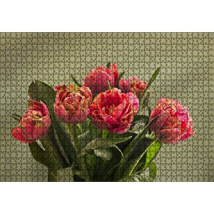 Kırmızı Laleler Ve Yeşil Yaprakları Puzzle Yapboz Mdf Ahşap 1000 Parça