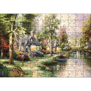 Nehir Boyama Manzara Kahverengi Ve Mavi Evler Puzzle Yapboz Mdf Ahşap 120 Parça
