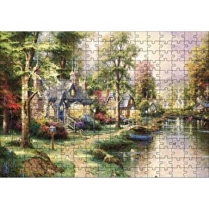 Nehir Boyama Manzara Kahverengi Ve Mavi Evler Puzzle Yapboz Mdf Ahşap 255 Parça