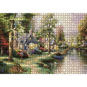 Nehir Boyama Manzara Kahverengi Ve Mavi Evler Puzzle Yapboz Mdf Ahşap 1000 Parça