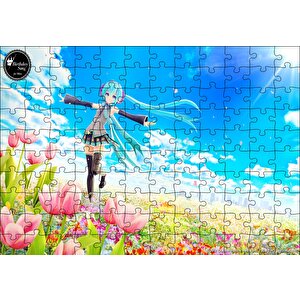 Anime Kız Bulutlu Gökler Ve Laleler Puzzle Yapboz Mdf Ahşap 120 Parça