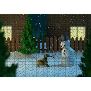 Kardan Adam Ve Oyun İsteyen Köpek Puzzle Yapboz Mdf Ahşap 500 Parça