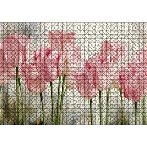 Pembe Laleler Yağlı Boya Puzzle Yapboz Mdf Ahşap 1000 Parça