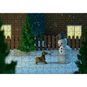 Kardan Adam Ve Oyun İsteyen Köpek Puzzle Yapboz Mdf Ahşap 120 Parça