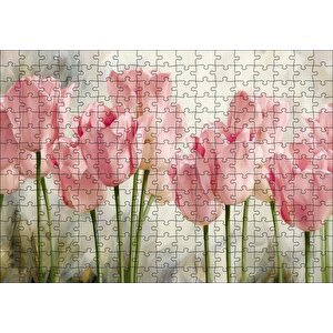 Pembe Laleler Yağlı Boya Puzzle Yapboz Mdf Ahşap 255 Parça