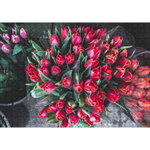 Kırmızı Lale Demeti Puzzle Yapboz Mdf Ahşap 500 Parça