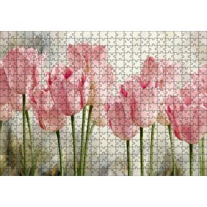 Pembe Laleler Yağlı Boya Puzzle Yapboz Mdf Ahşap 500 Parça