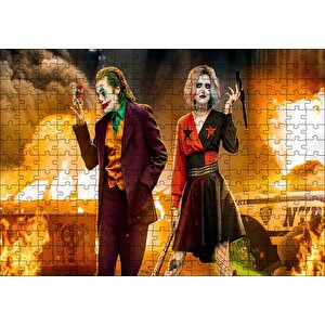 Joker Ve Harley Quinn Alevler Arka Plan Puzzle Yapboz Mdf Ahşap 255 Parça