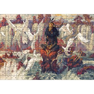 Kuşlar Şelale Kırmızı Kaya Boynuz Maskeli Adam Görseli Puzzle Yapboz Mdf Ahşap 255 Parça