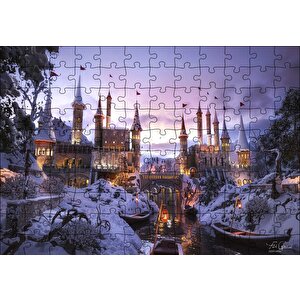 Karlı Nehir Köprü Ve Tarihi Kale Puzzle Yapboz Mdf Ahşap 120 Parça