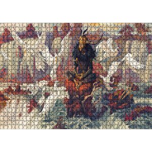 Kuşlar Şelale Kırmızı Kaya Boynuz Maskeli Adam Görseli Puzzle Yapboz Mdf Ahşap 1000 Parça