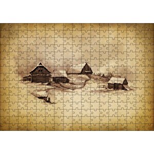 Sarı Zeminde Ahşap Çiftlik Evleri Çizim Görseli Puzzle Yapboz Mdf Ahşap 255 Parça