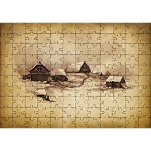 Sarı Zeminde Ahşap Çiftlik Evleri Çizim Görseli Puzzle Yapboz Mdf Ahşap 120 Parça