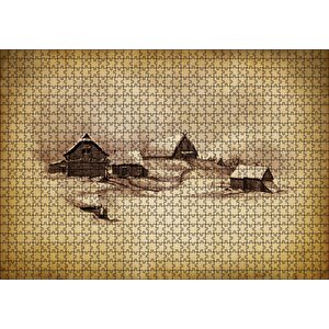 Sarı Zeminde Ahşap Çiftlik Evleri Çizim Görseli Puzzle Yapboz Mdf Ahşap 1000 Parça