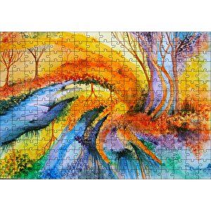 Soyut Sanat Ağaç Nehir Turuncu Mavi Görsel Puzzle Yapboz Mdf Ahşap 255 Parça