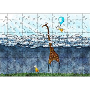Zürafa İki Çocuk Bulutlar Boyama Sanat Eseri Puzzle Yapboz Mdf Ahşap 120 Parça