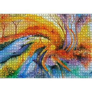 Soyut Sanat Ağaç Nehir Turuncu Mavi Görsel Puzzle Yapboz Mdf Ahşap 1000 Parça