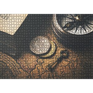 Eski Harita Madeni Paralar Pusula Ve Anahtar Puzzle Yapboz Mdf Ahşap 1000 Parça