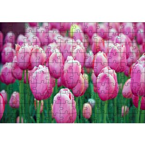 Bahçede Pembe Laleler Puzzle Yapboz Mdf Ahşap 120 Parça