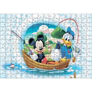 Mickey Mouse Ve Donald Duck Tekne Ile Balık Tutma Puzzle Yapboz Mdf Ahşap 255 Parça