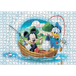 Mickey Mouse Ve Donald Duck Tekne Ile Balık Tutma Puzzle Yapboz Mdf Ahşap 500 Parça