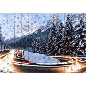 Karlı Orman İçindeki Yol Uzun Pozlama Çekim Puzzle Yapboz Mdf Ahşap 120 Parça