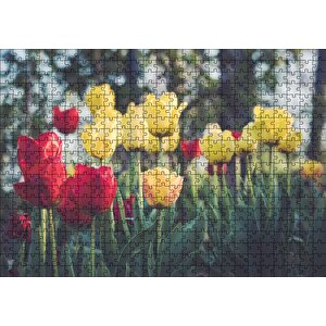 Sarı Ve Kırmızı Laleler Flu Arkaplan Puzzle Yapboz Mdf Ahşap 500 Parça