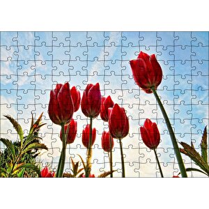 Kırmızı Lale Bahçesi Görseli Puzzle Yapboz Mdf Ahşap 120 Parça