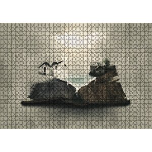 Fantastik Kitap Sayfaları Üstünde Eski Evler Puzzle Yapboz Mdf Ahşap 1000 Parça