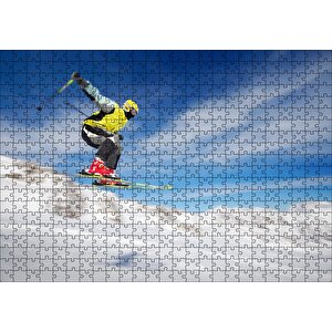Sarı Ve Beyaz Ceketli Spor Kayakçı Puzzle Yapboz Mdf Ahşap 500 Parça