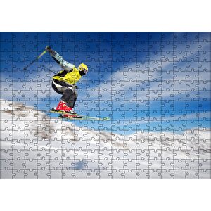 Sarı Ve Beyaz Ceketli Spor Kayakçı Puzzle Yapboz Mdf Ahşap 255 Parça