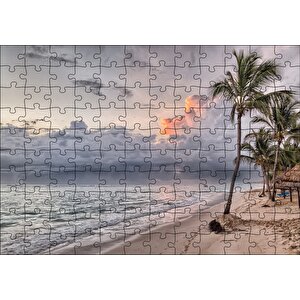 Gündoğumu Issız Kumsal Palmiyeler Ve Bulutlar Puzzle Yapboz Mdf Ahşap 120 Parça