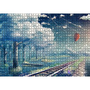 Fantastik Gökyüzü Demir Yolları Uçan Balon Beyaz Orman Görseli Puzzle Yapboz Mdf Ahşap 1000 Parça