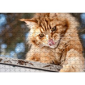 Yalanan Sarı Sevimli Kedi Puzzle Yapboz Mdf Ahşap 255 Parça
