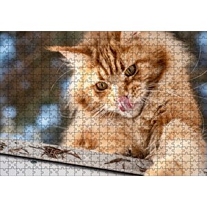 Yalanan Sarı Sevimli Kedi Puzzle Yapboz Mdf Ahşap 500 Parça
