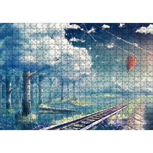 Fantastik Gökyüzü Demir Yolları Uçan Balon Beyaz Orman Görseli Puzzle Yapboz Mdf Ahşap 500 Parça
