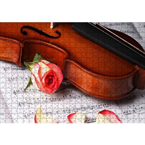 Kırmızı Gül Notalar Ve Keman Puzzle Yapboz Mdf Ahşap 500 Parça