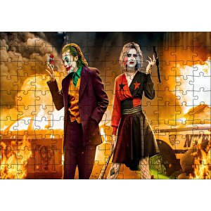 Joker Ve Harley Quinn Alevler Arka Plan Puzzle Yapboz Mdf Ahşap 120 Parça