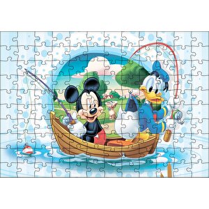 Mickey Mouse Ve Donald Duck Tekne Ile Balık Tutma Puzzle Yapboz Mdf Ahşap 120 Parça
