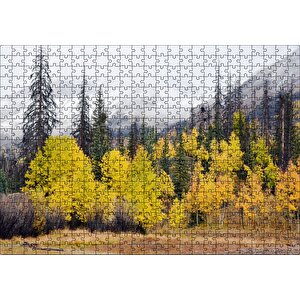 Sonbahar Rengi Ağaçlar Ve Arkada Karlı Dağlar Puzzle Yapboz Mdf Ahşap 500 Parça