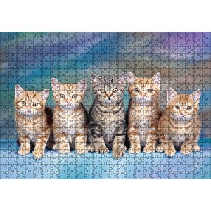 Mavi Zeminde Oturan Sarmanlar Ve Tekir Puzzle Yapboz Mdf Ahşap 500 Parça