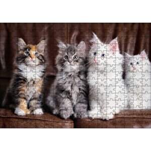 Kahverengi Deri Koltukta Sevimli 4 Kedi Puzzle Yapboz Mdf Ahşap 255 Parça