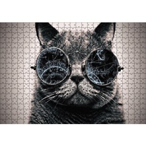 Matematik İşlemli Gözlüklü Kedi Puzzle Yapboz Mdf Ahşap 500 Parça