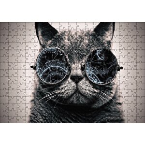 Matematik İşlemli Gözlüklü Kedi Puzzle Yapboz Mdf Ahşap 255 Parça