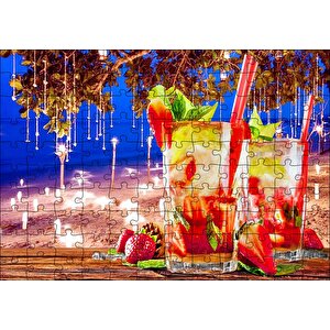 Sahilde Masa Ve Üzerinde Çilekli Kokteyller Puzzle Yapboz Mdf Ahşap 120 Parça