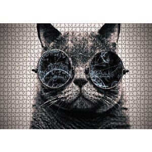 Matematik İşlemli Gözlüklü Kedi Puzzle Yapboz Mdf Ahşap 1000 Parça