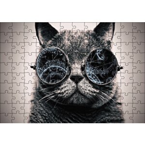Matematik İşlemli Gözlüklü Kedi Puzzle Yapboz Mdf Ahşap 120 Parça