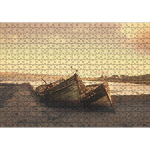 Göl Kıyısında Terkedilmiş Gemiler Ve Gün Doğumu Puzzle Yapboz Mdf Ahşap 500 Parça