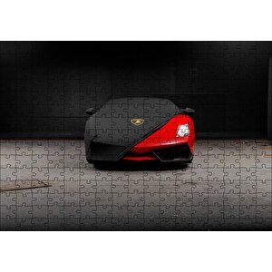Siyah Örtülü Kırmızı Lamborghini Puzzle Yapboz Mdf Ahşap 255 Parça